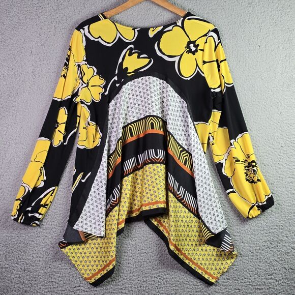 MSK Dopamine Tunic Roomy Yellow Floral Patchwork Jersey High Low Statement Flowy - Picture 11 of 16